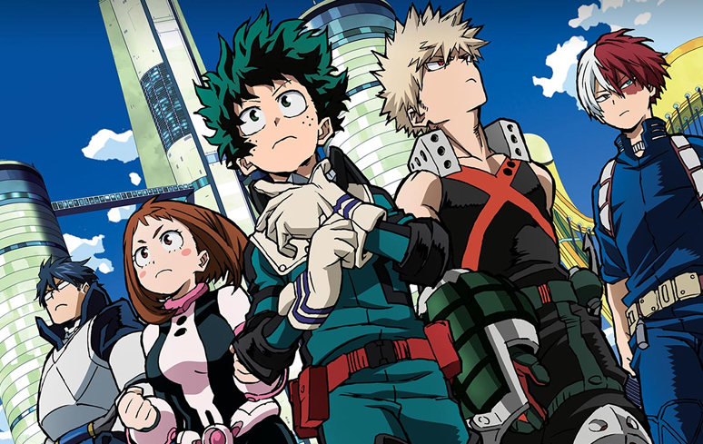 Imagem: Ochaco, Deku, Balugo e Todoroki em '2 Herois'.