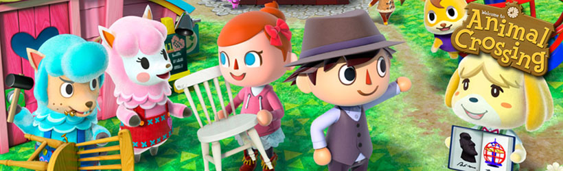 Personagens de 'Animal Crossing', incluindo a famosa Isabelle, e o logo da série.