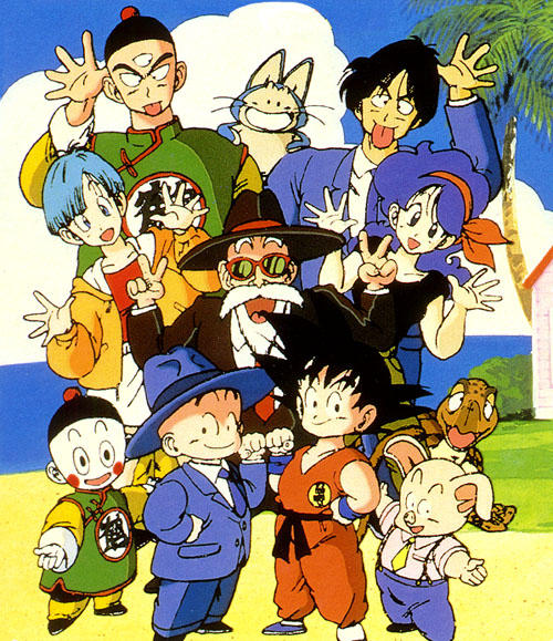 Personagens de 'Dragon Ball', incluindo Goku, Bulma, Maron/Malon, Kuririn, Mestre Kame, Yamcha, etc.
