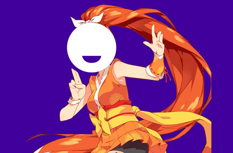 Mascote da Crunchyroll com o "logo" da Funimation (quase um emoji sorrindo) no ligar do rosto.