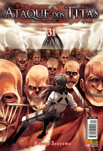 Capa do volume 31, com Eren encarando vários Titãs.