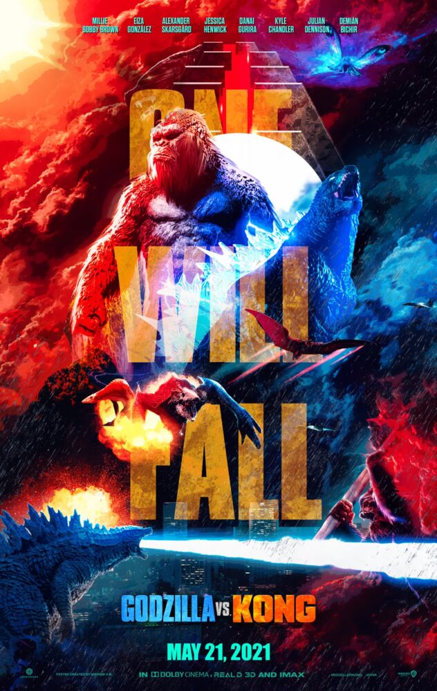 Pôster promocional do filme Godzilla VS Kong em inglês, com a frase "um vai cair".