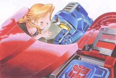 Uma garotinha "beijando" um Transformers.