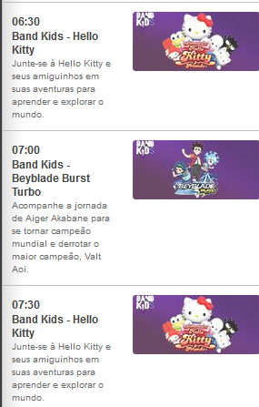 Imagem: Screenshot de programação da Band no dia 31/01, com Burst Turbo e Hello Kitty.