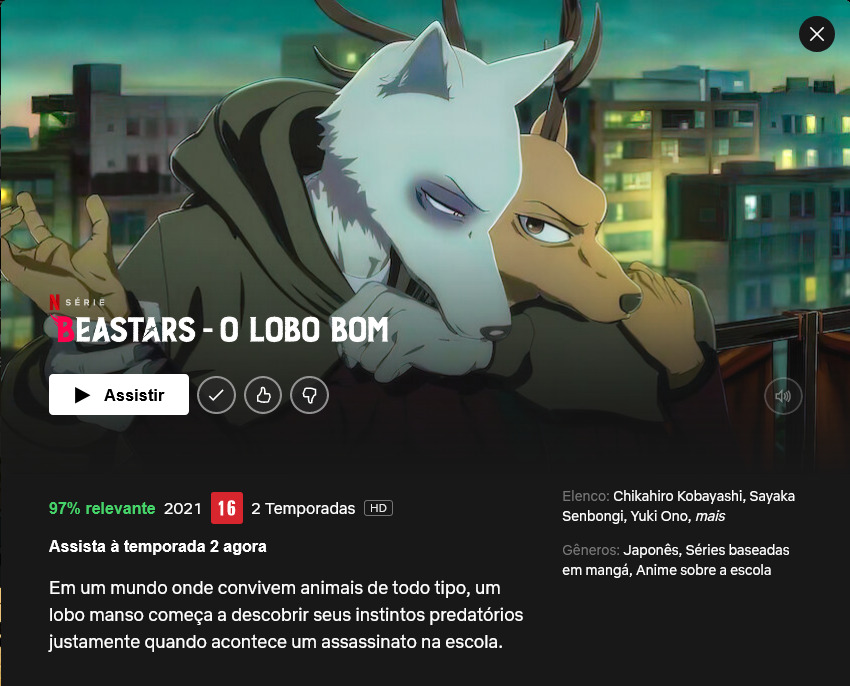 Imagem: Captura de tela de 'Beastars' na Netflix.