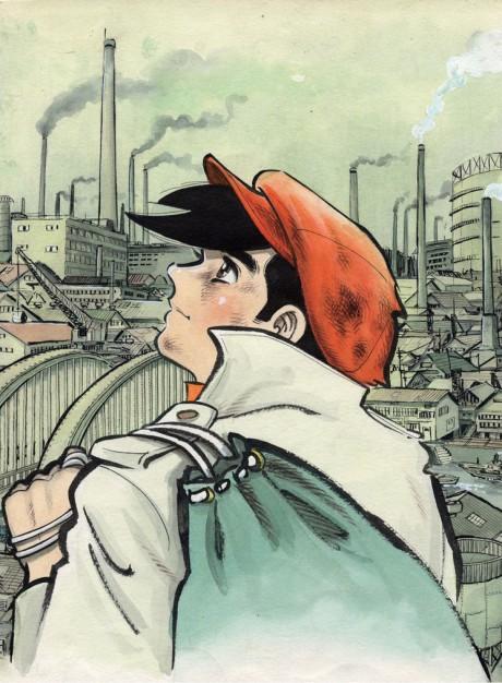 Imagem: Joe Yabuki no traço do mangá, e uma cidade cheia de fábricas e fumaça ao fundo.