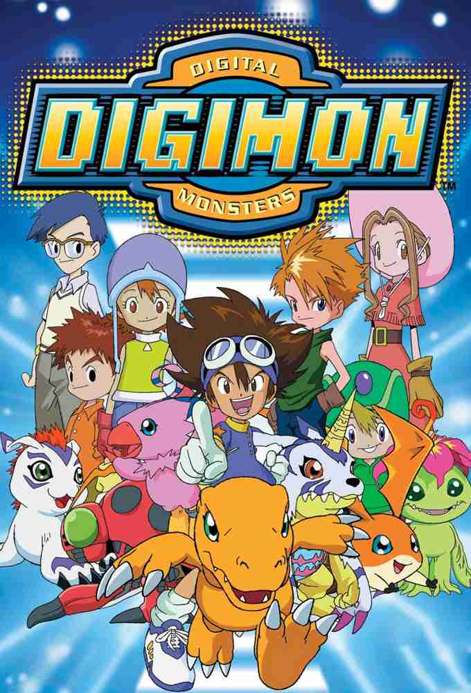 Imagem: Pôster de 'Digimon' com os digiescolhidos da primeira temporada e seus monstrinhos.