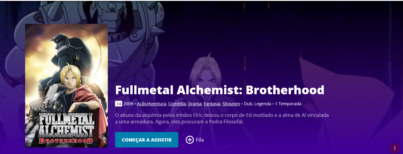 Imagem: Tela de 'Fullmetal Alchemist: Brotherhood' na Funimation.