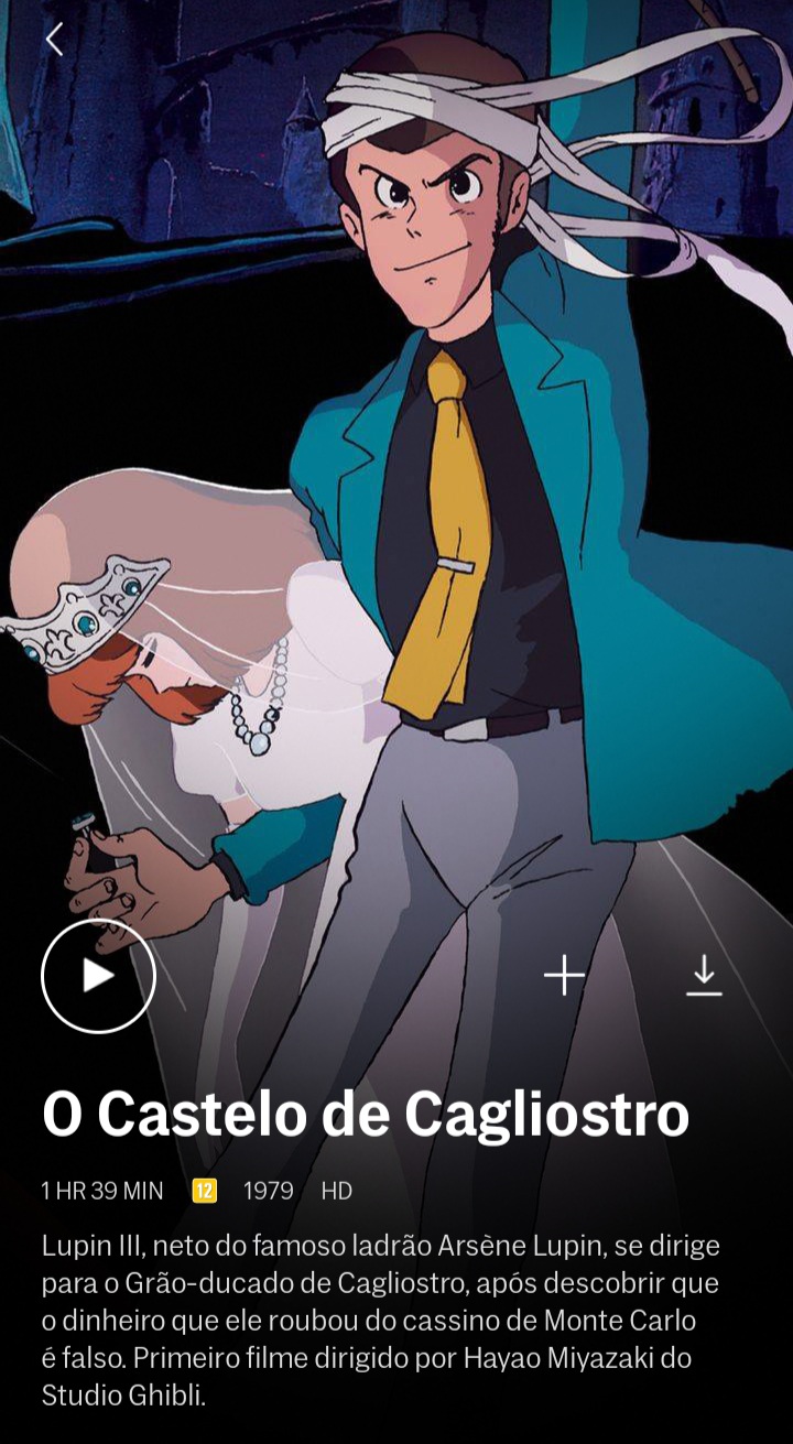 Imagem: Página de 'O Castelo de Cagliostro' no HBO MAX em celular.