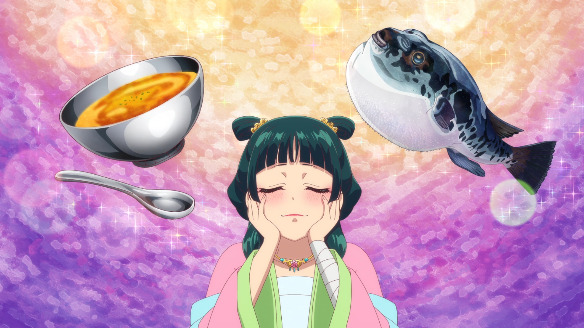 imagem: Maomao, protagonista de Diários de uma Apotecária, sorridente enquanto pensa em uma sopa de baiacu