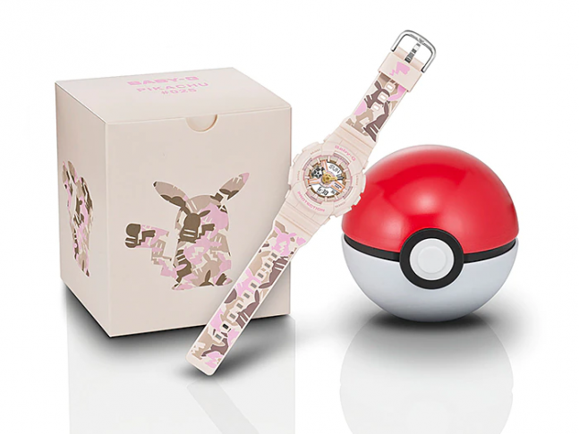 Imagem: Relógio rosa de POkémon com caixa e pokébola.