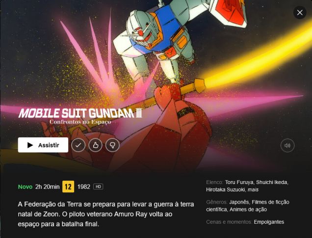Imagem: Captura de tela de aviso do filme 'Gundam I' (1981) na Netflix.