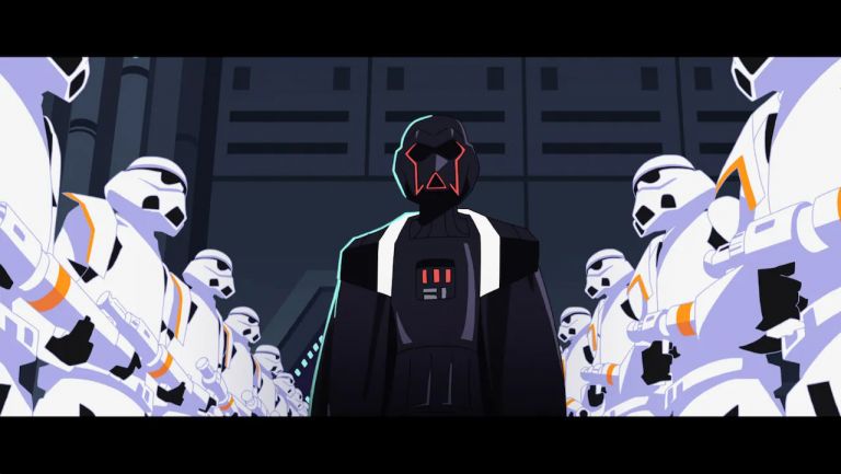 Imagem: Um dos irmãos, em roupa estilo Vader, "desfilando" entre Stormtroopers.
