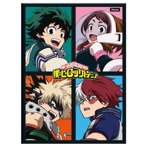 Imagem: Daku, Uraraka, Bakugo e Todoroki em capa de caderno brochura.