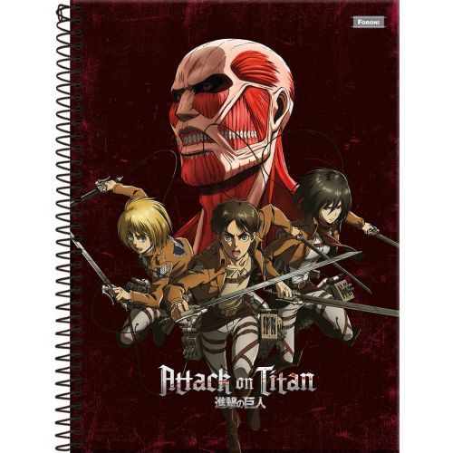 Imagem: Time do Eren e titã ao fundo em capa de caderno.