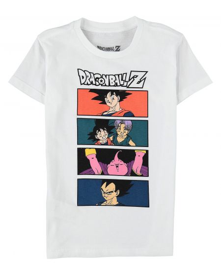 Imagem: Camiseta branca com Goku, Goten, Trunks, Majin Bu e Vegeta.