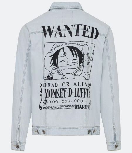 Imagem: Parte de traz de jaqueta jeans com estampa de PROCURADO do Luffy.