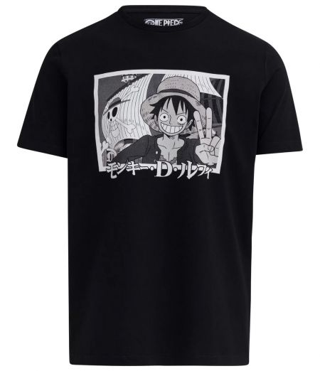 Imagem: Camiseta preta com estampa preto e branco do Luffy.
