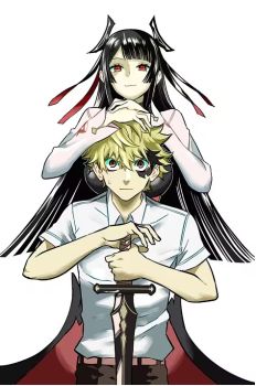 imagem: moça de cabelos pretos longos e rapaz de cabelo loiro curto com mancha preta perto de um olho.